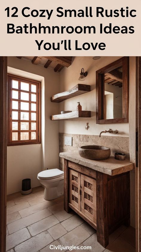 Transform your small bathroom into a charming rustic retreat with these 15 inspiring design ideas. From warm wood accents to vintage fixtures, these rustic bathroom ideas will help you create a cozy and inviting space, even in the smallest of rooms. Discover how to use natural materials, earthy tones, and clever storage solutions to maximize both style and functionality in your rustic bathroom. Bath Remodel Ideas Farmhouse, Log Cabin Bathroom Ideas Modern, Rustic Bathroom Remodel Ideas, Small Natural Bathroom, Small Country Bathroom Ideas, Cabin Bathroom Ideas Rustic, Country Bathroom Vanity, Rustic Bathrooms Ideas, Bathroom Remodel Rustic