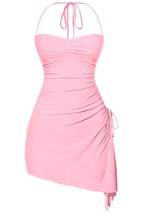 Pink Dress Aesthetic, Halterneck Mini Dress, Mini Dress Pink, Ruffle Design, Flirty Dresses, Statement Accessories, Ruched Bodice, Pink Mini Dresses, Really Cute Outfits