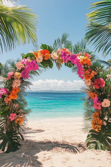 29 Boho Wedding Arch Ideas to Create a Dreamy Backdrop 10 Beach Wedding Arches Tropical, Hawaii Wedding Arch Ideas, Tropical Mexico Wedding, Tropical Color Scheme Wedding, Island Theme Wedding Decor, Wedding Color Schemes Tropical, Beach Tropical Wedding, Mexico Wedding Flowers, Tropical Wedding Theme Elegant