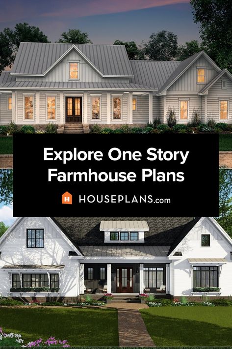 You'll find modern farmhouse exteriors and designs with country style in our collection of one story farmhouse plans. Click the image to explore the collection. Questions? Call 1-800-913-2350 today. #blog #architecture #modern #modernhouseplans #shedhome #shedroof 4 Bedroom Modern Farmhouse Plans One Story, Modern Farmhouse 1 Story Floor Plans, Farmhouse Rambler Floor Plans, Farmhouse Home Plans One Story, Farmhouse Building Plans One Story, Modern Farmhouse Single Story Home Plans, One Story Farmhouse Plans With Basement, 2000 Sq Ft Farmhouse Plans One Level, 2300 Sq Ft House Plans Farmhouse