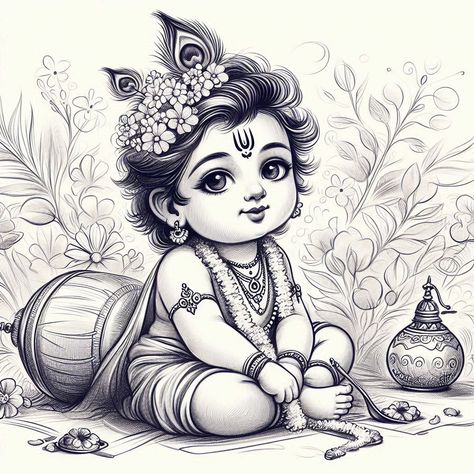 Cartoon Krishna Drawing, Cute Krishna Ji Drawing, Janmashtami Pencil Sketch, Baby Kanha Drawing, Cute Krishna Drawing Pencil, Baby Krishna Drawing, Little Krishna Drawing, Cute Little Krishna Drawing, Little Krishna Sketch