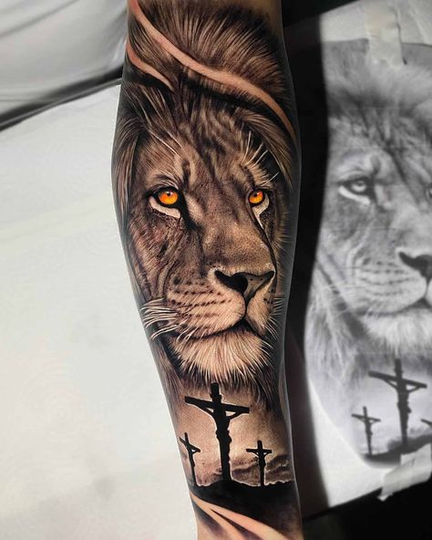 Lion Tattoo Outer Forearm, Lion God Tattoo, Lion Sleeve Tattoo Men Ideas, Lion And Cross Tattoo, Lion Forearm Tattoo For Men, Male Lion Tattoo, Lion Tattoo Shoulder, Forearm Lion Tattoo, Lion Cross Tattoo