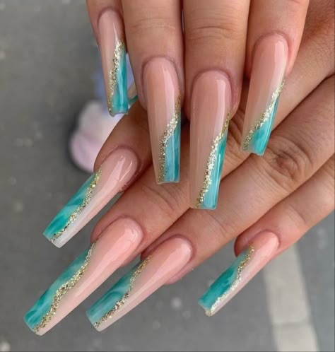 Gold Teal Nails, Teal And Gold Nails, Nail Asthetic, Teal Acrylic Nails, Turquoise Nail Designs, Teal Nail Designs, Aqua Nails, Teal Nails, Turquoise Nails