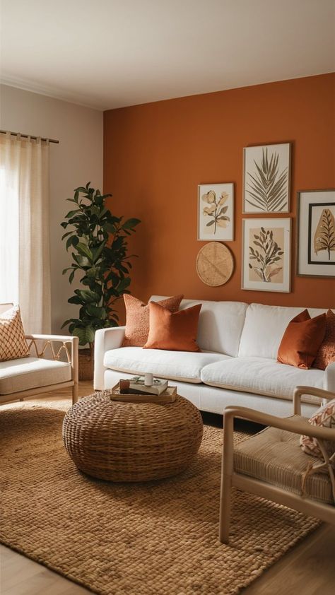 Yellow Living Room Accent Wall, Living Room Brown Accent Wall, Orange Tones Living Room, Neutral Colour Palette Living Room, Orange Wall Color Living Room, Orange And Cream Living Room, Living Room Paint Ideas Color Schemes, Orange Accent Wall Living Room, Orange Walls Living Room