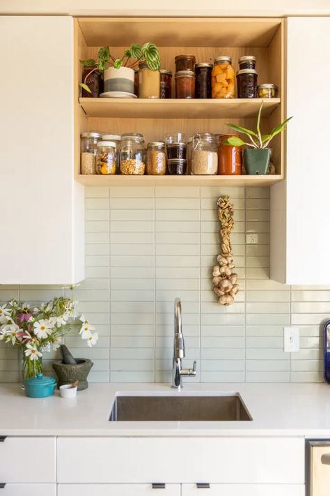 Open Shelving Above Sink, Portland Apartment, Above Kitchen Sink, Kitchen Open Shelves, Raised Panel Cabinets, Above Sink, Kitchen Goals, Beach Kitchen, Ikea Kitchen Design