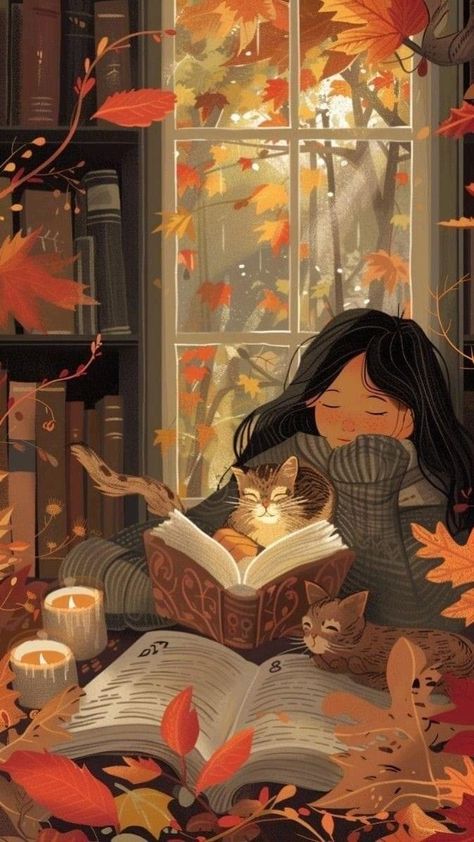 Autumn Pictures Art, Autumn Drawing Ideas, Book And Cat, Autumn Drawing, Autumn Reading, Autumn Wallpapers, Autumn Images, Cozy Art, Autumn Girl