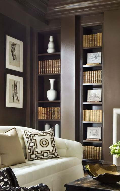 Shelf styling, brown walls Sunken Room, Painted Bookcases, Staging Decor, Gypsum Decoration, Sitting Rooms, Home Theaters, Bookcase Styling, Wall Colour, Beautiful Room