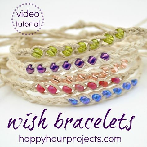 One of my most popular posts here at Happy Hour Projects is actually a very early one.  With crappy photos, but it was back before anyone really read here, haha – I was still finding my style.  It’s one of my all-time favorite crafts, though: a hemp and seed bead woven wish bracelet.  Did you... Hemp Jewelry, Hemp Bracelets, Fun Bracelet, Friendship Bracelets Diy, Bracelet Diy, Homemade Jewelry, Wish Bracelets, Bracelet Tutorial, Bracelet Crafts