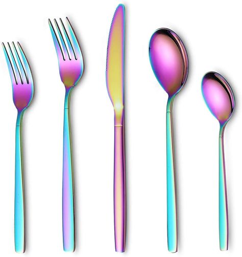 20 Piece Rainbow Silverware Set: Include Dinner Knives x 4, Dinner Fork x 4, Dinner Spoon x 4, Teaspoon x 4, SaladFork x 4.
Titanium Rainbow Noble Plating
Amazon Brand and Quality Guarantee: Made of High Quality Stainless Steel, the edges are smooth and stylish, Mirror Polish;The Rust proof, sturdy and heavy duty making would assure that this utensils would last for a life time use. Lead-free, Cadmium-free, Phthalate-free, BPA-free made sure that the utensils are healthy and safe for daily use. Rainbow Silverware, Stylish Mirror, Stainless Steel Silverware, Cheap Brands, Cutlery Sets, Dinner Fork, Dessert Spoons, Tableware Set, Utensil Set