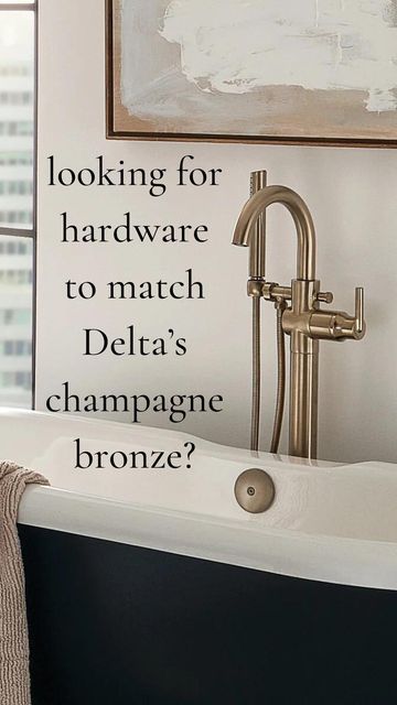 Erin | custom home build tips | on Instagram: "This wildly popular finish is also notoriously hard to match, but not to worry, I’ve vetted these options for you 😉 are you a fan of champagne bronze? #champagnebronze #plumbingfixtures #bathroomdesigns #bathroomsofinstagram #neutralhome #neutralhomedecor #mixedmetals #transitionaldesign #customhomes #customhomes #building101 #homeswithpurpose #modernfarmhouse #modernfarmhousestyle #howihome #simplehomestyle #faucet #cabinethardware #cljsquad #desi Delta Brushed Bronze, Champange Bronze Hardware, Champagne Bronze Bathroom Faucet, Bathrooms With Champagne Bronze Fixtures, Delta Chamberlain Faucet, Brushed Champagne Bathroom Fixtures, Champagne Bronze And Black Bathroom, Delta Bathroom Faucets Champagne Bronze, Champagne Faucet Bathroom