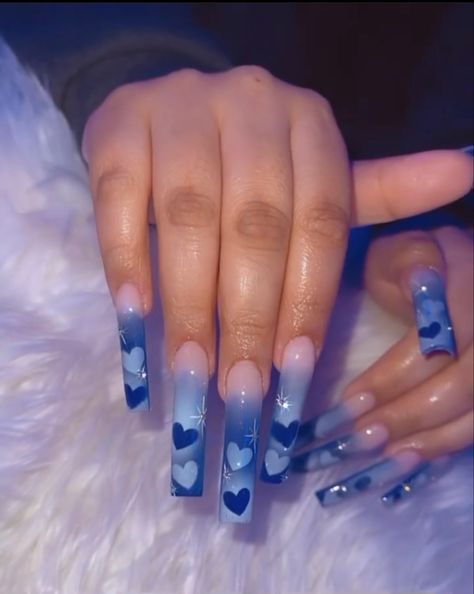 Royal Blue Initial Nails, Xl Blue Acrylic Nails, Xl Long Acrylic Nails Blue, Medium Size Nails Acrylic Blue, Creative Blue Nails, Blue Nail Designs Prom, Blue Curved Nails, Blue Xl Nails, Crip Blue Nails Acrylic