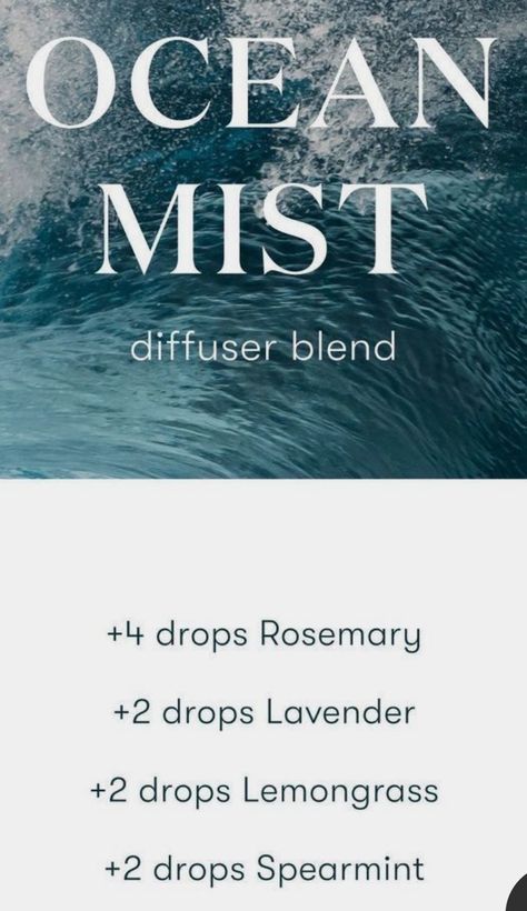 OCEAN MIST DIFFUSER BLEND ESSENTIAL OILS Beachy Essential Oil Blends, Ocean Diffuser Blends, Ocean Essential Oil Blend, Beach Diffuser Blends, Diffuser Reed, Diffuser Scents, Summer Essential Oils, Essential Oil Mixtures, Eo Blends