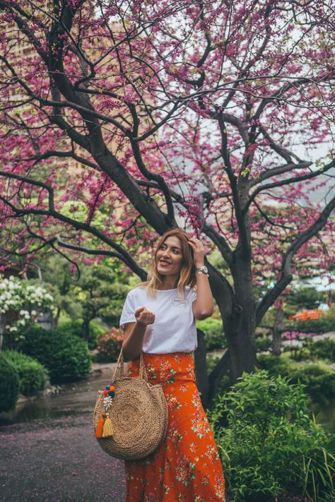 Japanese Garden Outfit, Garden Outfit, Cherry Blossom Trees, Gardening Outfit, Zara Bags, Cherry Blossom Tree, Floral Midi Skirt, Blossom Trees, Fashion Board