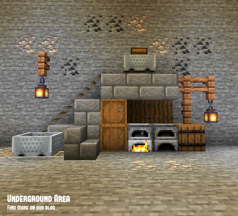 A simple and easy minecraft build for an underground mineshaft area. This build is shaped like a staircase and combines minecart utilities, furnaces and storage. #minecraft Minecraft Mine Storage, Minecraft Underground Staircase, Minecraft Furnace Area, Minecraft Mining Area, Furnace Area Minecraft, Mineshaft Minecraft Ideas, Minecraft Strip Mine, Storage Area Minecraft, Crafting Area Minecraft