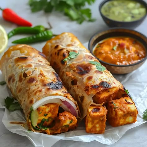 Paneer Kathi Rolls are a delicious new take on a standard street food dish that will take your taste buds on a trip. This tasty roll has soft paneer (Indian Indian Paneer Dishes, Paneer Dishes Vegetarian Recipes, Paneer Roll Wraps, Paneer Kathi Roll Recipe, Kathi Roll Vegetarian, Paneer Wrap Recipes, Indian Snack Recipes Street Food, Paneer Roll Recipe, Dinner Recipes Vegetarian Indian