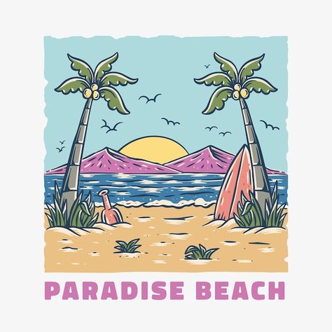 Paradise beach illustration Premium Vect... | Premium Vector #Freepik #vector #tropical-island #sea-travel #tropical-beach #beach-landscape Beach Scene Illustration, Beach Graphic Design Poster, Beach Graphic Design Illustration, Island Graphic Design, Beach Design Illustration, Fiji Poster, Beach Illustration Design, Beach Illustration Art, Tropical Graphic Design