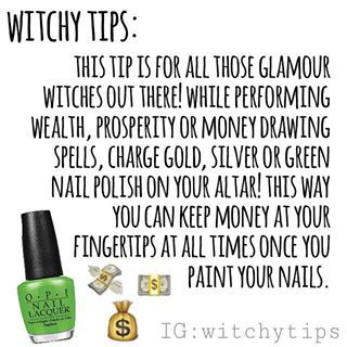 A fun glamour tip that helps to attract wealth, abundance and prosperity! 💸💸💸 You can use any colour nail polish you wish but gold, silver and green is working with colour magick to promote money as well! 💰 Witchcraft Spells For Beginners, Aphrodite Aesthetic, Witch Tips, Witchy Tips, Witchy Nails, Wealth Abundance, Eclectic Witch, Green Nail Polish, Herbal Magic