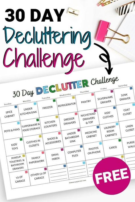 Need decluttering tips and ideas because you're completely overwhelmed? Use this 30 Day Decluttering Challenge with a free printable decluttering checklist to help you! This printable decluttering calendar breaks up your whole home into small areas to declutter each day, so you won't be overwhelmed and you're more likely to get it done! Declutter Calendar Free Printables, Monthly Declutter Calendar, 30 Day Declutter Challenge Printable, Declutter Challenge Printable, House Declutter Plan, Decluttering Calendar, Christmas Cleaning Checklist, Declutter Calendar, 30 Day Declutter Challenge