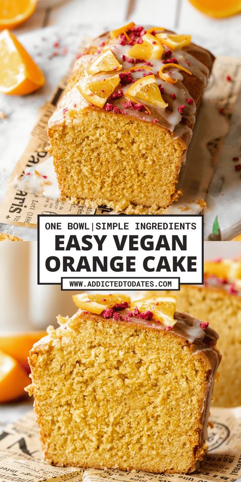 Vegan Orange Cake - Addicted to Dates Olive Oil Loaf Cake, Vegan Orange Cake, Orange Olive Oil, Vegan Cream Cheese Frosting, Orange Icing, Vegan Baking Recipes, Eggless Baking, Vegan Cake Recipes, Vegan Bakery