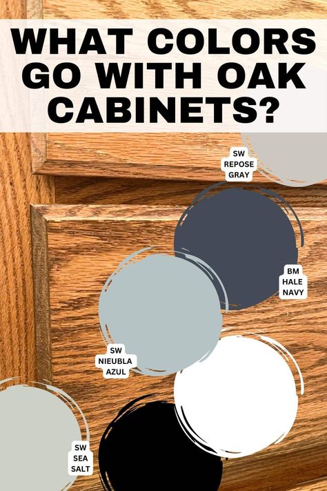 Find the right color scheme to go with oak cabinets in your kitchen or bathroom. No need to paint your cabinets when you can change your home decor to get an updated room in your home. From neutral colors to earthy darker tones, see real-life bathrooms and kitchens with oak cabinets. Wood Cabinets Wall Color, How To Refinish Honey Oak Cabinets, Paint Color That Goes With Oak Cabinets, Painted Island With Oak Cabinets, What Floors Go With Honey Oak Cabinets, Oak Cabinet Paint Colors, Bathroom Color Ideas With Oak Cabinets, Kitchen Colors For Oak Cabinets, Bathroom Colors With Oak Cabinets