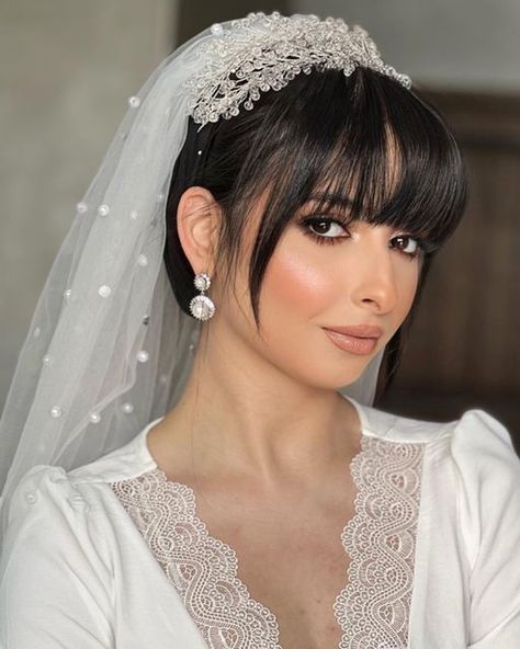 Bride With Bangs Hairstyles, Bridal Hairstyle With Bangs, Bride Hairstyles With Bangs, Bride With Bangs, Bridal Hair Accessories With Veil, Wedding Hairstyles With Bangs, Simple Updos, Glamorous Wedding Hair, Chic Updo