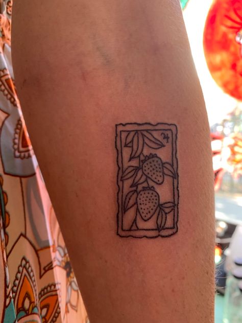 Stamp Tattoo Traditional, Raspberry Stamp Tattoo, Strawberry Aesthetic Tattoo, Strawberry Tattoo Ideas, Strawberry Wine Tattoo, Black Strawberry Tattoo, Cherry Stamp Tattoo, Strawberry Tattoo Simple, Stick And Poke Style Tattoo