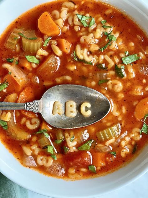 Vegetable Alphabet Soup, Easy Alphabet Soup, Alphabet Pasta Recipes, Alphabet Soup Art, Alphabet Soup Recipe, Abc Soup, Kids Soup, Alphabet Pasta, Soup Recipe Easy