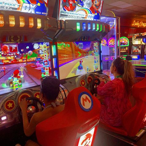 Go Karting Aesthetic Friends, Arcadecore Aesthetic, Neon Arcade, Neon Board, Aesthetic Neon, 2024 Board, Driver Job, Parc D'attraction, Neon Aesthetic