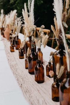 Diy Wedding Centerpieces Boho, Wedding Table Decorations Pampas, Pampas Wedding Decor Table, Boho Micro Wedding, Cheap Boho Wedding Ideas, Boho Arbor Wedding, Simple Boho Centerpieces, Boho Reception Table Decor, Terrocata Wedding Decor