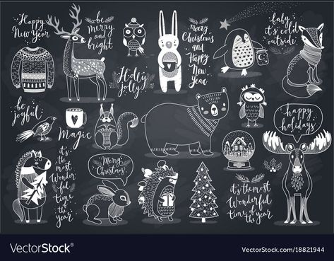 Winter Chalkboard Ideas, Cute Forest Animals, Christmas Window Painting, Chalk Design, Cute Forest, Christmas Chalkboard, Chalkboard Style, Christmas Graphics, Winter Animals