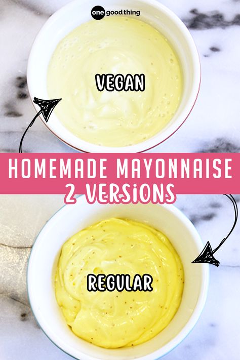 bowls of homemade vegan and regular Mayonnaise Vegan Mayonnaise Recipe, Vegan Mayonaise, Homemade Mayonnaise Recipe, Homemade Mayo, Mayonnaise Recipe, Vegan Mayo, Homemade Mayonnaise, Vegan Mayonnaise, How To Make Homemade