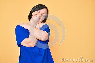 Brunette Woman with Down Syndrome Wearing Casual Clothes Hugging Oneself Happy and Positive, Smiling Confident Stock Image - Image of clothes, romantic: 212223091 Hugging Oneself, Brunette Woman, Casual Clothes, Self Love, Self Care, Stock Images, Casual Outfits, Confidence, How To Wear