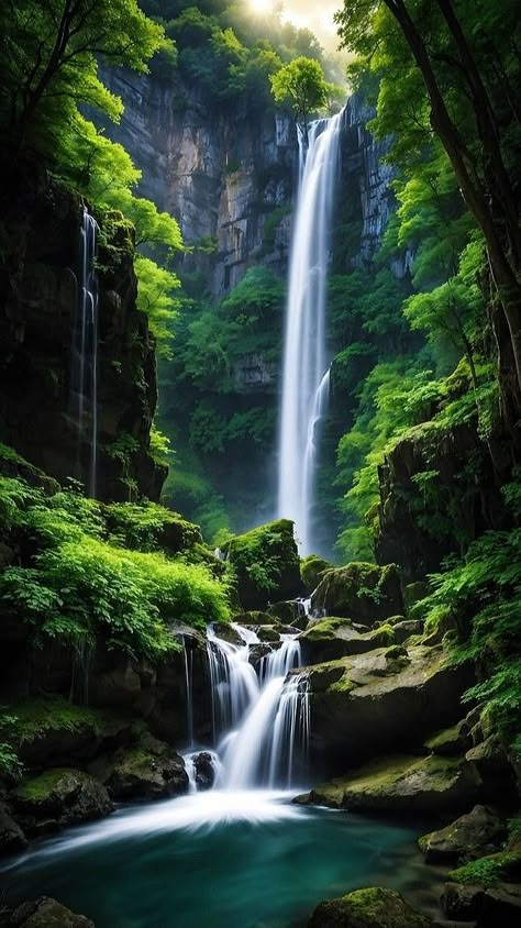 Water Fall Wallpaper Hd, Nature Waterfall Wallpaper, Live Wallpaper Waterfall, Nature Aesthetic Waterfall, Waterfall Images Hd, Android Wallpaper Art, Waterfall Art, Mountain Illustration, Iphone Wallpaper Landscape