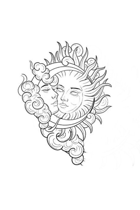 Sun Moon Drawing Simple, Sun And Moon Together Tattoo, Sun Moon Sketch, Sun And Moon Stencil, The Sun And Moon Tattoo, Sun Tattoo Stencil, Sun And Moon Tattoo Stencil, Sun Moon Tattoo Design, Moon Tattoo Stencil