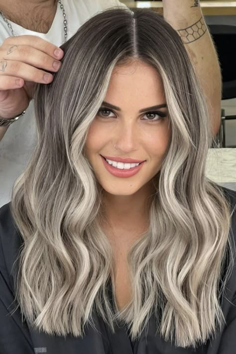 Dark To Ash Blonde Balayage, Icy Burnett Hair, Low Maintenance Ash Blonde Hair, Icy Brunette Balayage, Winter Hair Balayage, Icy Blonde Balayage Brunettes, Silver Hair Balayage, Modern Hair Color Ideas, Icy Ash Blonde Hair