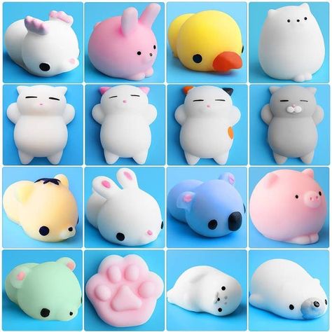 And a 16-piece pack of squeezable, stretchable mini animal squishy toys worthy of starring on their own The Brady Bunch show IMO. Mochi Animals, Mochi Squishies, Animal Squishies, Mochi Squishy, Squishies Kawaii, Figet Toys, Hunting Birthday, Mini Animals, Squishy Toys