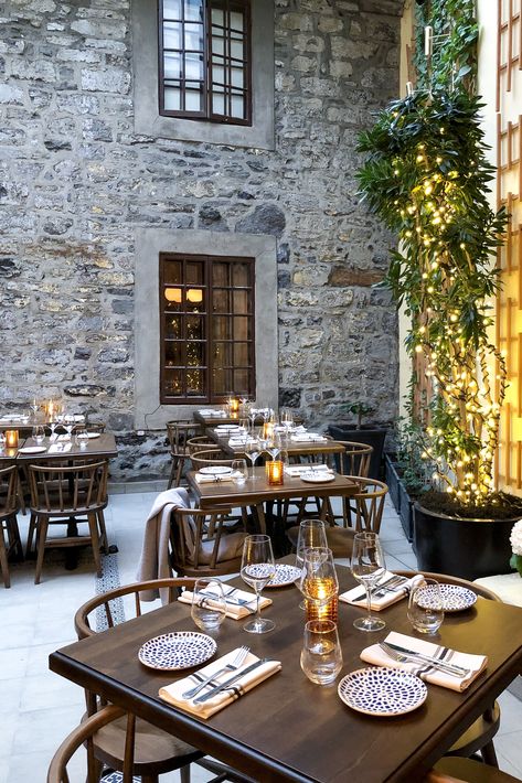 Blue Bird Cafe, Stone Restaurant, Italian Restaurant Decor, Courtyard Restaurant, Old Restaurant, Castle Restaurant, Asian Bistro, Golden Furniture, Restaurant Design Inspiration