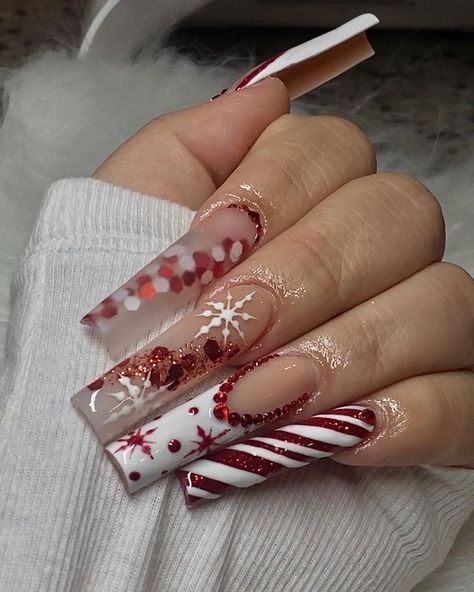 Red Christmas Nails, Long Acrylic Nails Coffin, Christmas Nails Acrylic, Long Square Acrylic Nails, Nail Swag, Bling Acrylic Nails, Xmas Nails, Fire Nails, Dope Nails