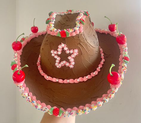 Handmade fake cake cowboy hat Can be used as a hat (delicate) or as an ornament  One size  Reworked from a brown felt cowboy hat  Message for custom decorations and designs Birthday Cake Cowboy Hat, Cowboy Hat Decorating, Cake Cowboy Hat, Mushroom Cosplay, Cowboy Hat Cake, Decoden Crafts, Cake Purse, Cake Hat, Texas Cowgirl