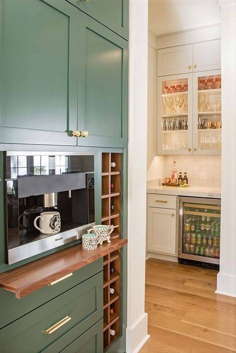 Lindsey Black of Lindsey Black Interiors Miele Coffee Machine Built Ins, Tarrytown Green, Coffee Machine Storage, Kitchen Shaker Cabinets, Coffee Corners, Kitchen Shaker, Dry Kitchen, Modern Kitchen Open, Espresso Kitchen Cabinets