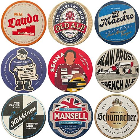 Formula 1 Legends - Beer Mats x9 - Great Men & Women Gift - Birthday Present - F1 Beer Accessories, F1 Teams, Jackie Stewart, Home Pub, Design Jersey, Home Bars, Bar Coasters, Beer Mats, Coaster Sets