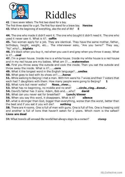 59 Riddles: English ESL worksheets pdf & doc Tough Riddles, English Riddles, Grandma Ideas, Card Verses, Sms Language, Substitute Teaching, Classroom Discussion, Funny Riddles, April Fool