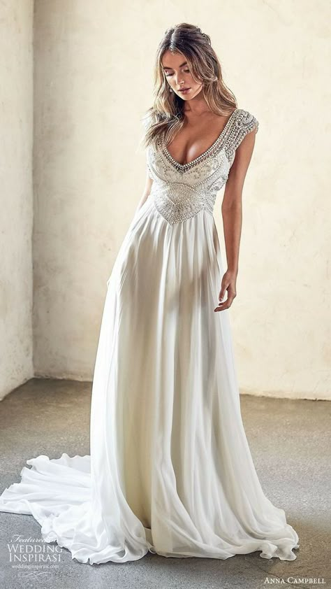 Wedding Dresses Deep V Neck, Wedding Dresses Deep V, Vintage Weddingdress, Anna Campbell Wedding Dress, Anna Campbell Bridal, Dresses Deep V Neck, Cute Wedding Dresses, Bridal Cap, Pearl Wedding Dress