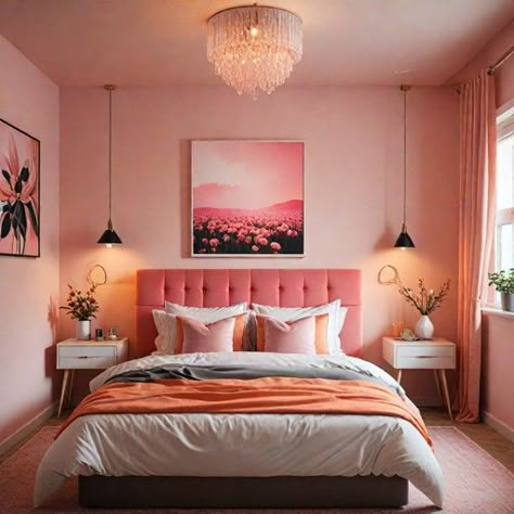 Pink Headboard Bedroom, Pink Headboard Bedroom Ideas, Pink Orange Bedroom, Desert Bedroom, Headboard Bedroom Ideas, Peach Curtains, Pink Headboard, 2024 Bedroom, Headboard Bedroom