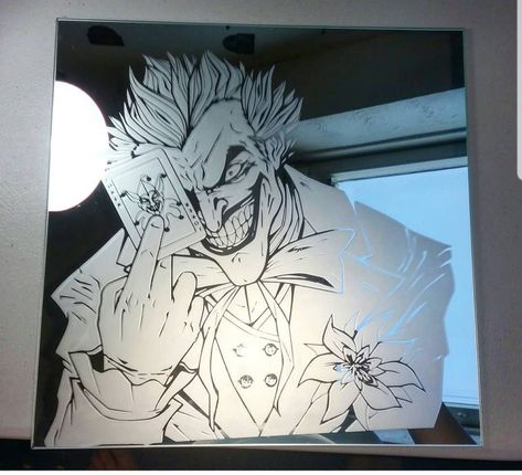 Joker etched mirror Tattoo Mirror, Glass Etching Art, Mirror Engraving, Mirror Etching, Etched Mirror, Glass Etching, Dremel, Etching, Animal Art