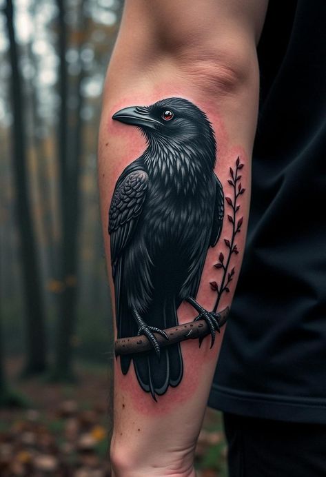 raven tattoos Raven Realistic Tattoo, Raven Hand Tattoo Men, Raven Neotraditional Tattoo, Tattoo Ideas Raven, Neotraditional Crow Tattoo, Men Tattoo Ideas Sleeve Inspiration, Realistic Raven Tattoo, Raven Tattoo Forearm, Raven Hand Tattoo