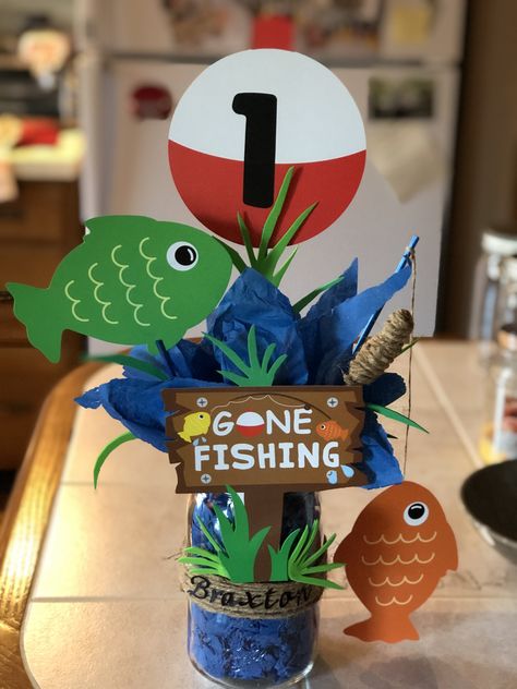 Party Fishing Boat, Fishing Birthday Centerpieces, Ofishally One Birthday Table Centerpiece, Bass Fishing Party, Gone Fishing Baby Shower Theme, Officially One Birthday Party, Ofishally One Birthday Decorations, Fishing Birthday Party Decorations, First Birthday Fishing Theme