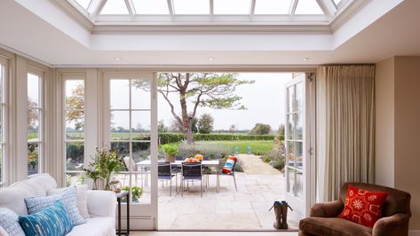 Victorian Orangery Extension, Georgian Orangery Extension, Red Brick Orangery Extension, Autumn Interior Design, Georgian Greenhouse, Orangery Extension Kitchen, Oak Framed Orangery, Georgian Farmhouse, Blinds For French Doors