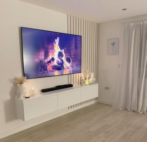 Living Room Tv Aesthetic, Under Tv Decor Ideas, Boho Tv Wall, Tv Wall Decor Bedroom, Mounted Tv Ideas Living Rooms, Tv Decoration, Grey Bedroom Decor, Latest Living Room Designs, Gold Living Room