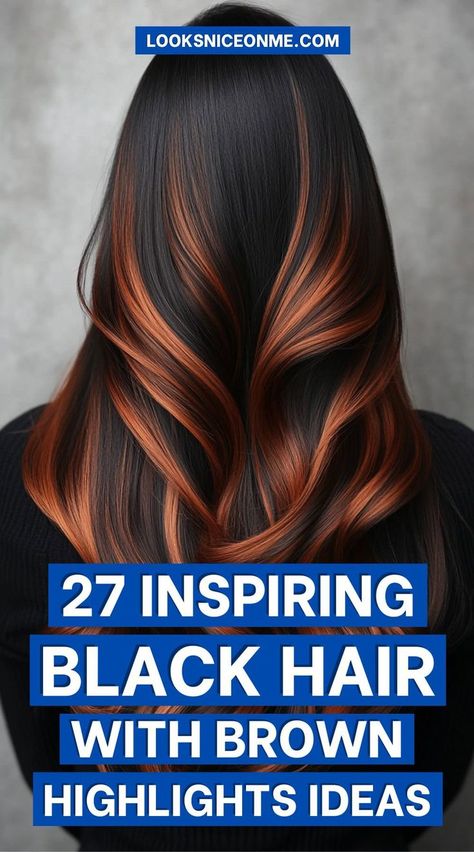 Perfect for adding warmth and depth, these highlights create a stunning visual effect that’s sure to turn heads. Discover your next look with our favorite ideas! #BlackAndBrown #HairIdeas #ColorTrends" Subtle Highlights In Black Hair, Black Hair With Auburn Highlights, Black Hair With Lowlights, Black Hair With Brown Highlights, Hair With Brown Highlights, Black Hair With Red Highlights, Cinnamon Hair Colors, Cinnamon Hair, Black Red Hair